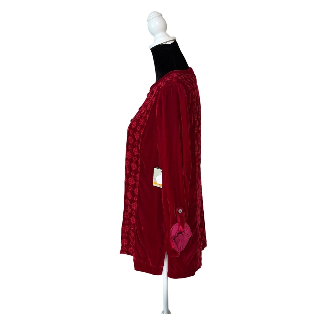 John Mark Red Velvet Embroidered Tunic Top Sm Roll Tab Sleeve Boho Boutique NWT - Picture 4 of 9